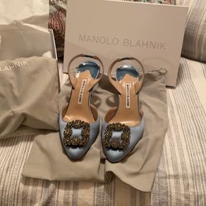 Manolo Blahnik blue satin jeweled heels
